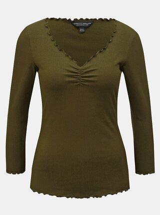 Khaki žebrované tričko s 3/4 rukávem Dorothy Perkins