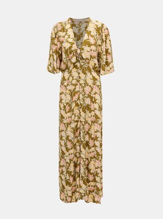 Khaki květované maxi šaty Pieces Polly