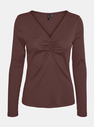 Hnedé rebrované tričko VERO MODA Polly