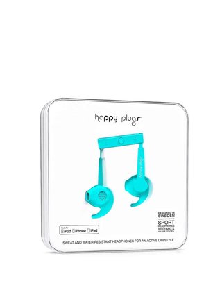 Světle modrá sportovní sluchátka Happy Plugs
