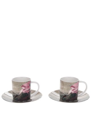 Zeleno-růžová sada dvou espresso hrníčků s podšálky Magpie Birds