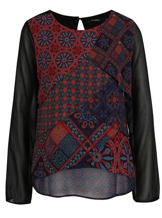 Červeno-černá vzorovaná halenka s překládáním Desigual Capas Birmania
