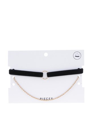 Černý sametový choker s řetízkem ve zlaté barvě Pieces Novana