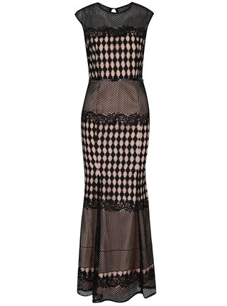 Rochie lunga bej&negru cu dantela si plasa aplicata - Little Mistress