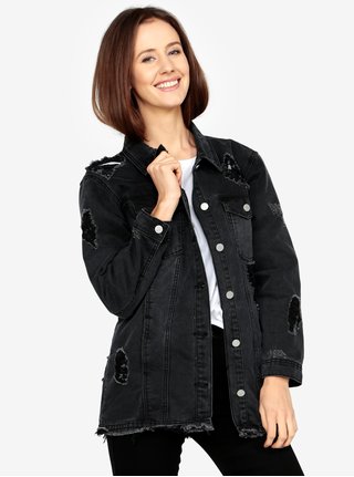 Černá dlouhá džínová bunda s potrhaným efektem MISSGUIDED
