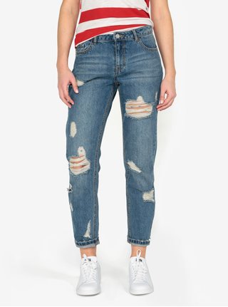 Modré zkrácené boyfriend džíny s potrhaným efektem MISSGUIDED