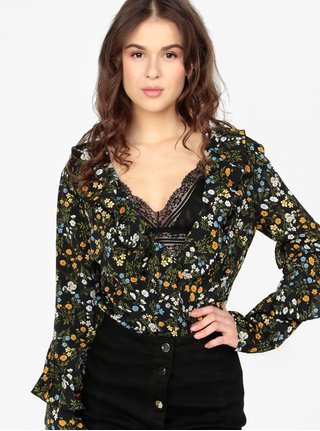 Černé květované body s překládaným výstřihem MISSGUIDED