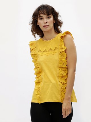 Hořčicová halenka s krajkou a volány Dorothy Perkins