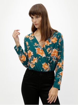 Body verde inchis cu model floral si decolteu suprapus MISSGUIDED
