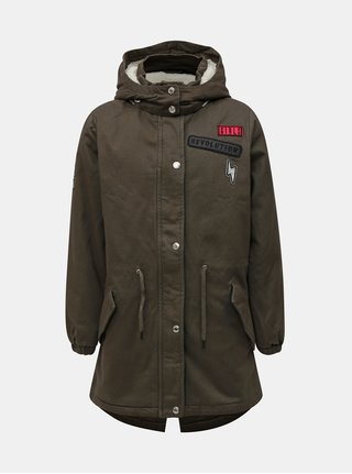 Zelená dievčenská parka s umelým kožúškom a nášivkami Blue Seven