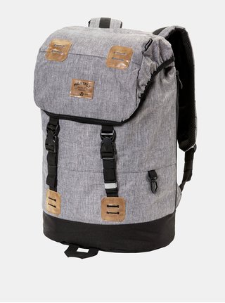 Šedý žíhaný batoh s koženkovými detaily a pláštěnkou Meatfly 26 l