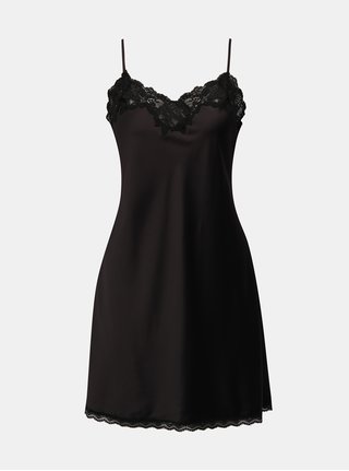 Camasa de noapte neagra din satin cu detalii din dantela Lauren Ralph Lauren