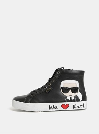 Čierne kožené členkové tenisky s nášivkou a potlačou KARL LAGERFELD Skool