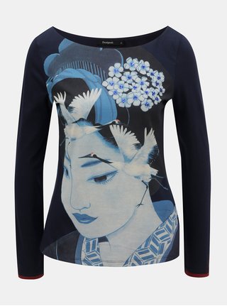 Tricou albastru inchis cu motiv si broderie Desigual Akane