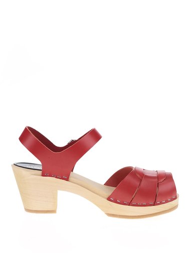 Dřeváky na podpatku s červenými koženými pásky Swedish Hasbeens Peep Toe High