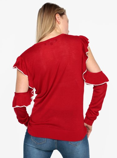 Pulover cold shoulder rosu cu volane - French Connection Lois