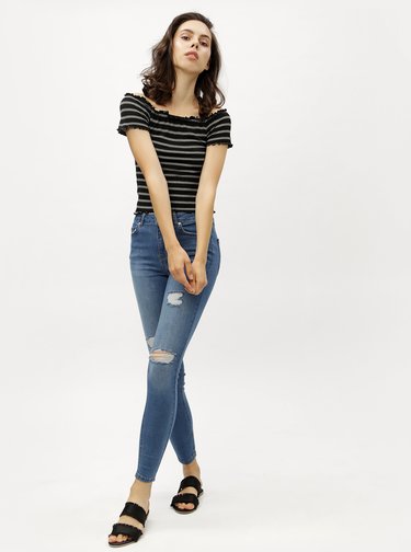 Černý pruhovaný crop top s odhalenými rameny Miss Selfridge