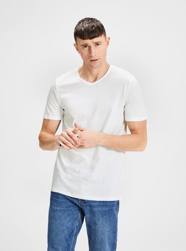 Sada dvou bílých basic triček s véčkovým výstřihem Jack & Jones