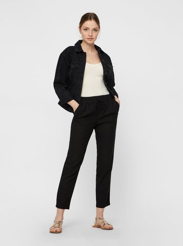 Pantaloni negri din in cu talie inalta VERO MODA Anna