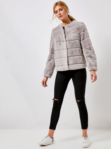 Šedý krátký kabát z umělé kožešiny Dorothy Perkins