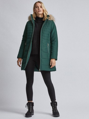 Tmavozelený prešívaný zimný kabát Dorothy Perkins