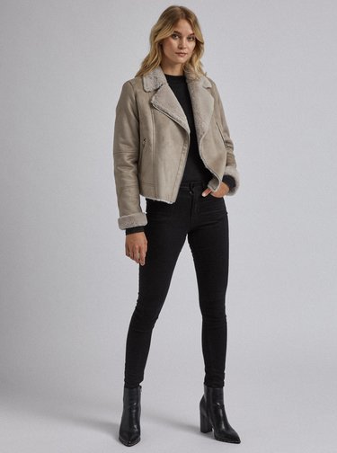 Béžová zimná bunda v semišovej úprave s umelým kožúškom Dorothy Perkins