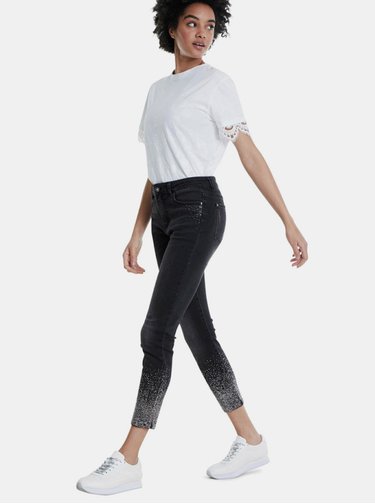 Čierne skrátené skinny fit rifle s ozdobnými detailmi Desigual Nola
