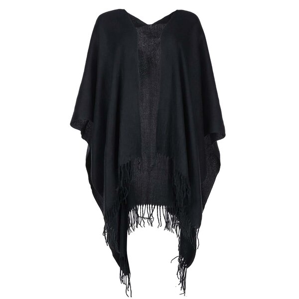 Poncho negru cu franjuri Pieces Raelyn