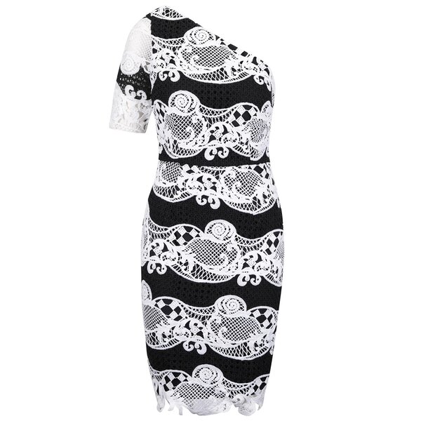 Rochie asmietrica alb cu negru din broderie Little Mistress