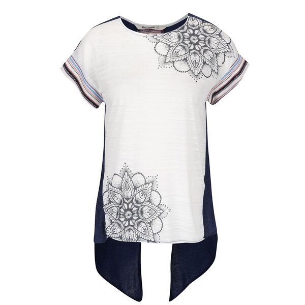Tricou asimetric alb & albastru Desigual Creta cu model și print