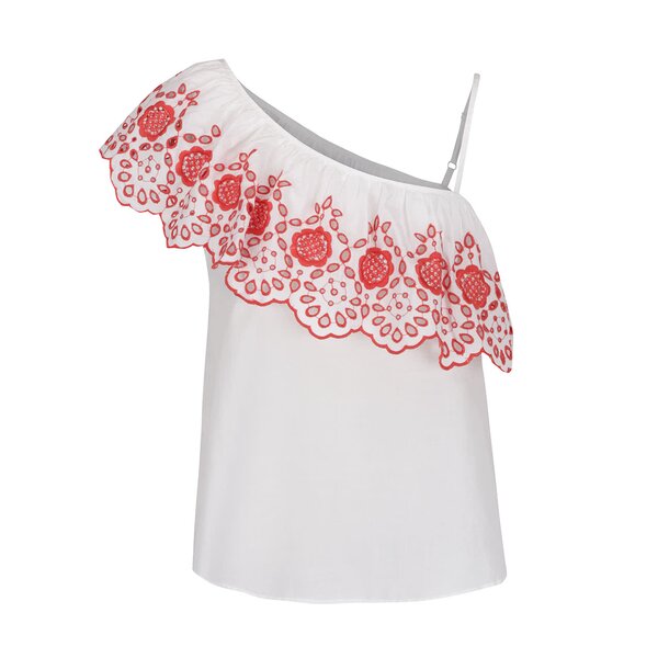 Top asimetric alb cu volan si broderie Miss Selfridge