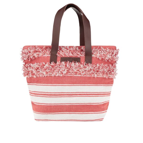 Geanta shopper crem&rosu in dungi cu franjuri Brakeburn