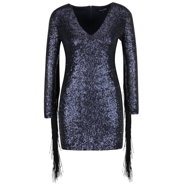 Rochie albastră bodycon Idol Ray cu paiete și franjuri negre