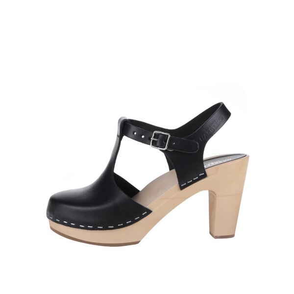 Sandale negre sabot din piele cu vârf acoperit și toc Swedish Hasbeens T-Strap Sky High