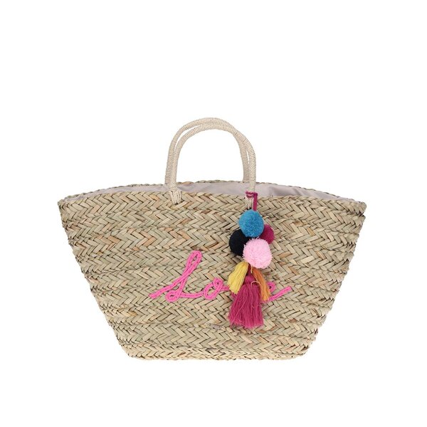 Geantă bej shopper din rafie decorata cu ciucuri Nalí