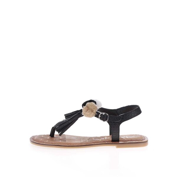 Sandale flip-flop negre din piele Tamaris cu ciucuri
