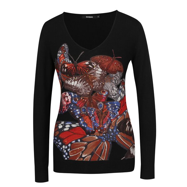 Pulover negru cu print cu fluturi Desigual Mery