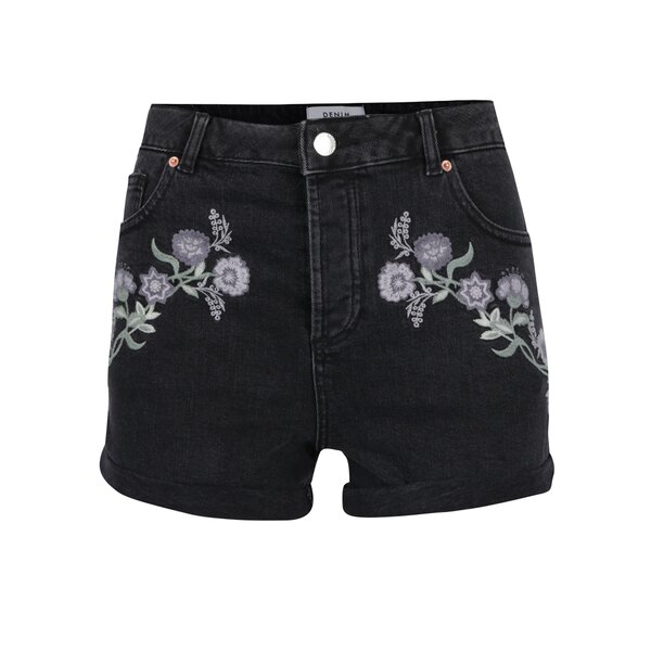 Pantaloni scurți negri din denim cu broderie florală Miss Selfridge