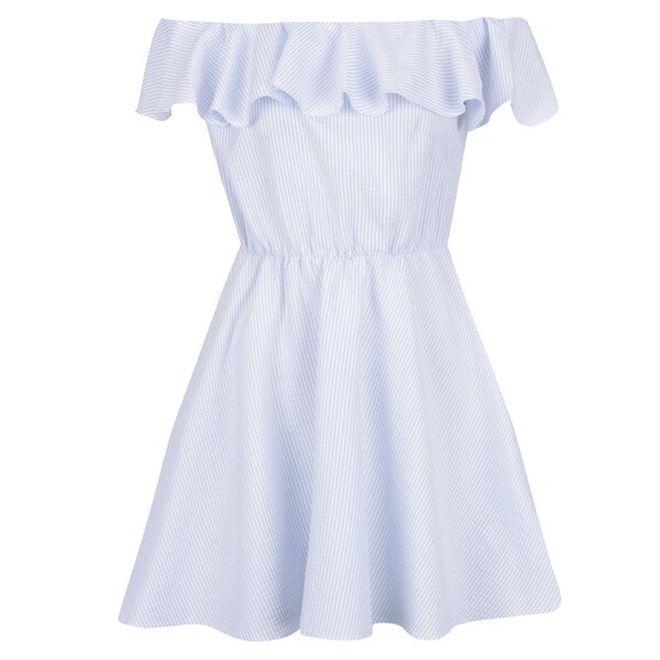 Rochie cu dungi alb cu bleu și decolteu pe umeri