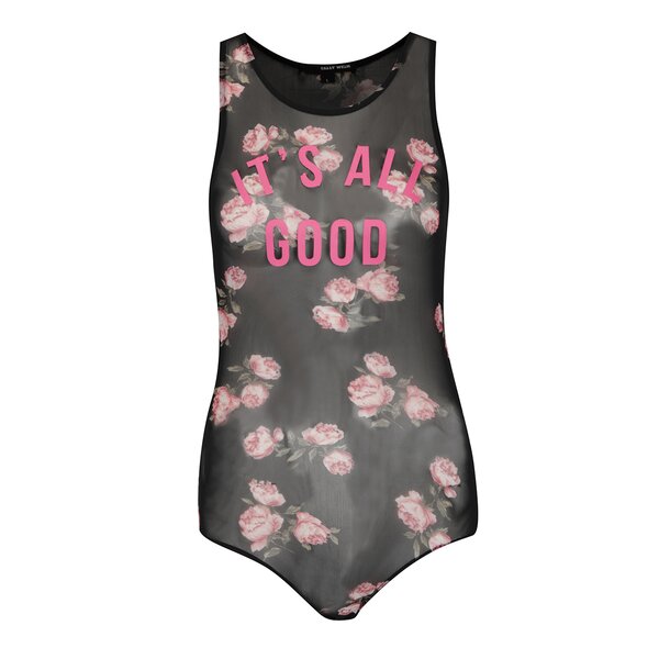 Body negru transparent din tulle cu imprimeu floral TALLY WEiJL
