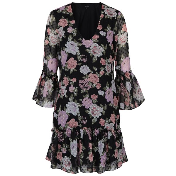 Rochie neagră cu flori și volane - Miss Selfridge