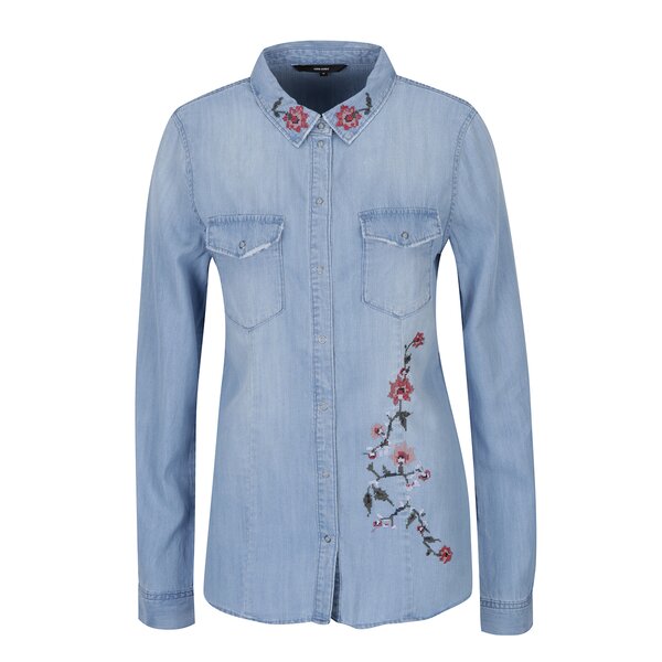 Cămașă bleu din denim cu flori brodate - VERO MODA Viola