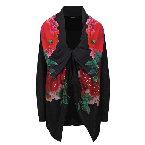 Cardigan negru cu flori și guler șal Desigual Anna