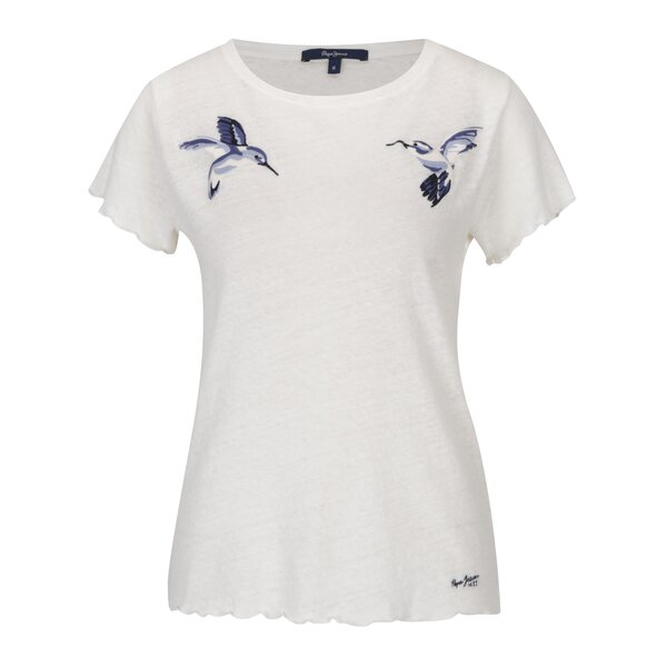 Tricou crem din in și bumbac cu broderie cu păsări - Pepe Jeans Bibi