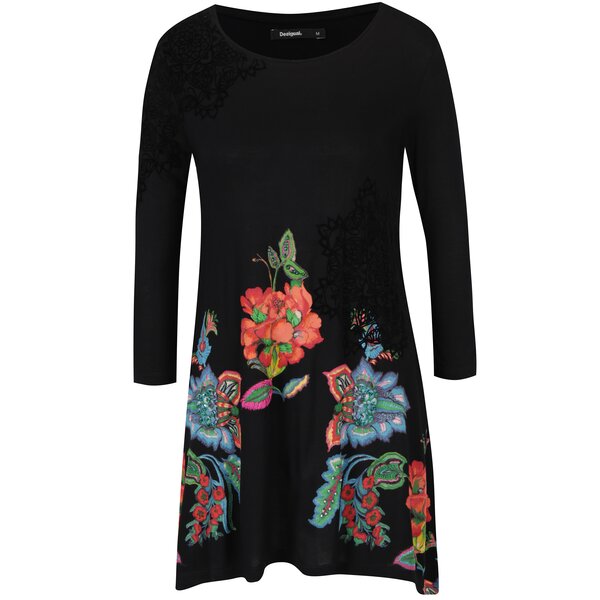 Bluza neagra lunga cu print floral și mărgele Desigual Amona