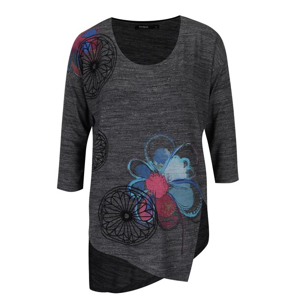 Bluză gri melanj cu flori și model asimetric Desigual Elqui