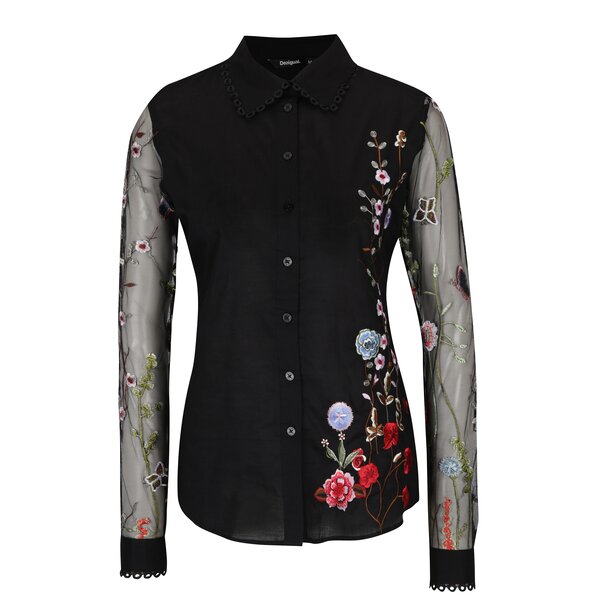 Cămașă neagră cu mâneci de plasă Desigual Florinda