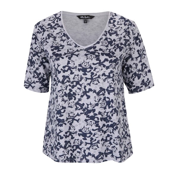 Tricou gri melanj cu print bleumarin Félixa Ulla Popken
