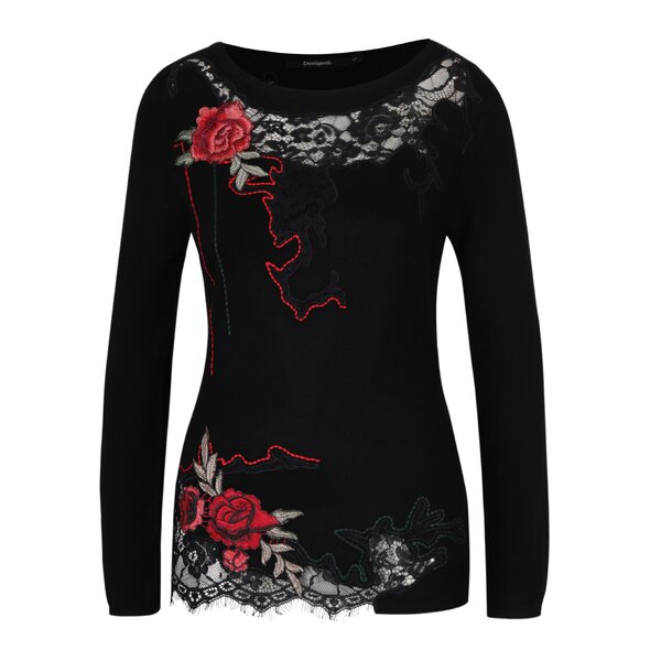 Pulover negru cu dantelă și patch floral - Desigual Sorpresa