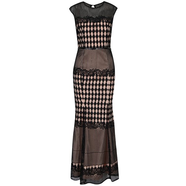 Rochie lungă bej&negru cu dantelă și plasă aplicată - Little Mistress
